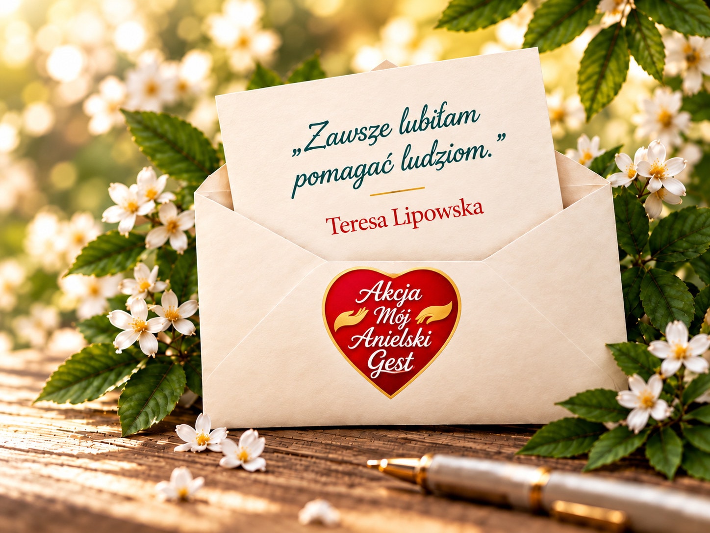 Koperta z listem: „Zawsze lubiłam pomagać ludziom.” — Teresa Lipowska, z sercem Akcji Mój Anielski Gest